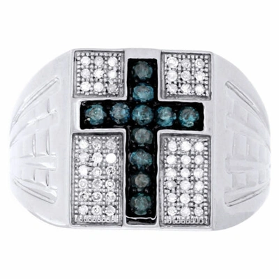 Pre-owned Jfl Diamonds & Timepieces Blue Diamond Cross Statement Wedding Band Sterling Silver Pinky Ring 0.50 Ct. In White And Blue