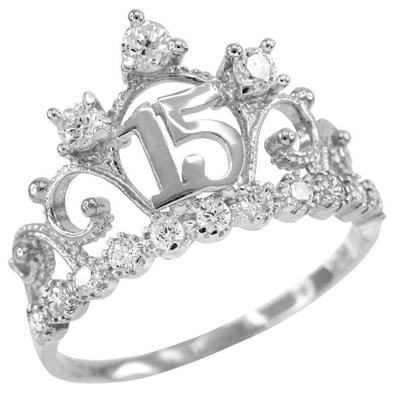 Pre-owned Claddagh Gold 14k White Gold Quinceanera 15 Anos Conora Cz Crown Ring