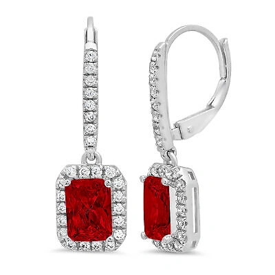 Pre-owned Pucci 3.57ct Emerald Round Halo Classic Drop Dangle Red Garnet Earrings 14k White Gold