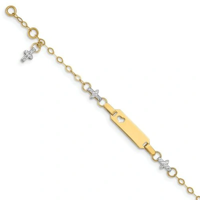 Pre-owned Accessories & Jewelry 14k Two Tone Gold 5mm Engraveable W/ Cross Charm Baby Id Bracelet 4.5"