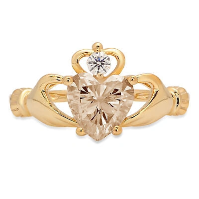 Pre-owned Pucci 1.55 Heart Cut Celtic Claddagh Simulated Champagne Promise Ring 14k Yellow Gold