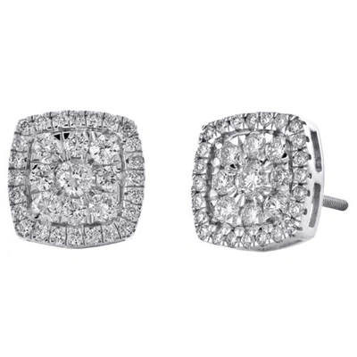 Pre-owned Jfl Diamonds & Timepieces 14k White Gold Round Diamond Square Halo Stud 10.50mm Cluster Earrings 1.25 Ct.