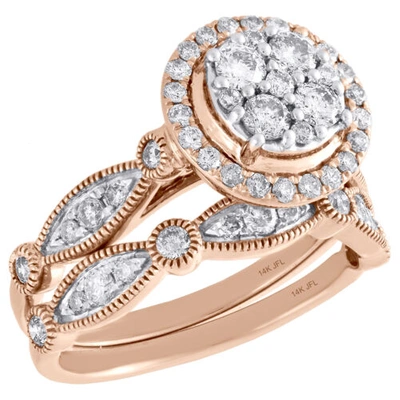 Pre-owned Jfl Diamonds & Timepieces 14k Rose Gold Diamond Bridal Set Flower Engagement Ring + Wedding Band 1 Ct. In White