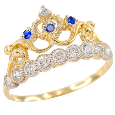 Pre-owned Claddagh Gold 14k Yellow Gold Quinceaã±era 15 Aã±os Conora Blue White Cz Crown Ring
