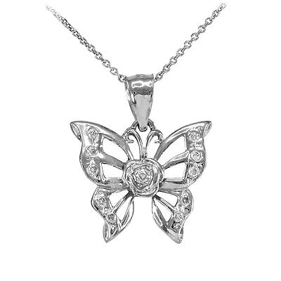 Pre-owned Claddagh Gold Fine 14k White Gold Fashion Women's Butterfly Cz Pendant Necklace