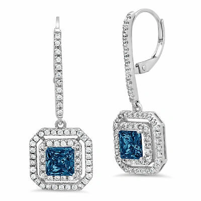Pre-owned Pucci 3.27 Princess Round Classic Drop Dangle Royal Blue Topaz Earrings 14k White Gold
