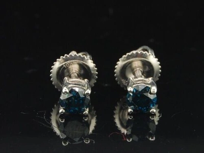 Pre-owned Jfl Diamonds & Timepieces Mens Ladies 10k White Gold Round Solitaire Blue Diamond Studs Earrings .54 Ct.