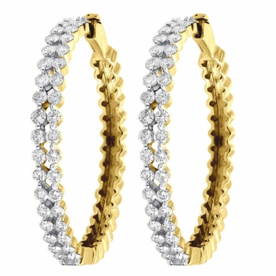 Pre-owned Jfl Diamonds & Timepieces Diamond Hoop Earrings Ladies 14k Yellow Gold 2 Row Round Cut Prong Set 2.45 Ctw. In White
