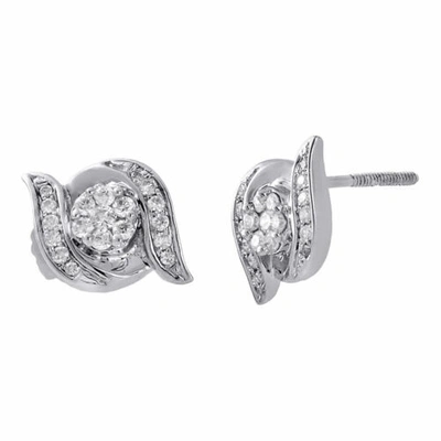 Pre-owned Jfl Diamonds & Timepieces 14k White Gold Round Diamond Cluster Flower & Swirl Stud Earrings 0.25 Ct.
