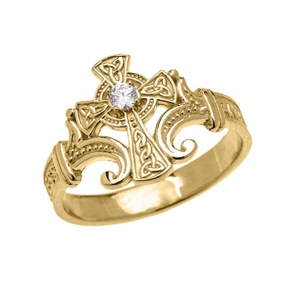 Pre-owned Claddagh Gold 14k Yellow Gold Solitaire Cz Stone Celtic Cross Encrypted Prayer Blessings Ring