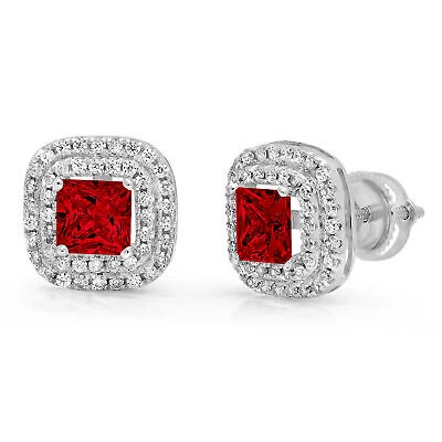 Pre-owned Pucci 2.99 Princess Round Cut Halo Classic Stud Real Red Garnet Earrings 14kwhite Gold