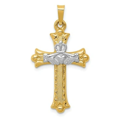 Pre-owned Goldia 14k Yellow & White Gold Polished Claddagh Cross Christianity Religious Pendant