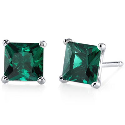 Pre-owned Limor 14k White Gold Princess Cut Green Emerald Gemstone Stud Earrings