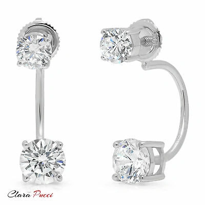 Pre-owned Pucci 3.20 Dual Drop 2 Stone Round Earrings 14k White Gold Synthetic White Sapphire