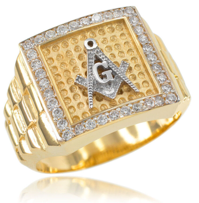 Pre-owned Claddagh Gold 14k Gold Watchband Design Men's Masonic Cz Ring In Silver