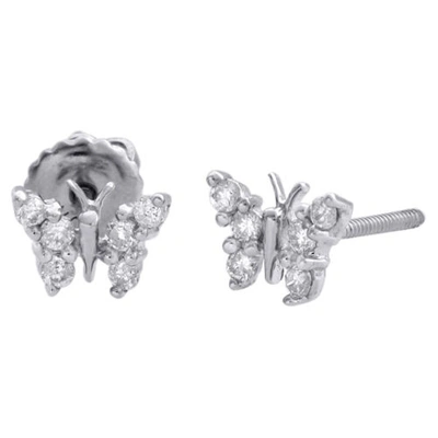 Pre-owned Jfl Diamonds & Timepieces 10k White Gold Round Diamond Mini Butterfly Studs Screw Back Earrings 1/5 Ct.