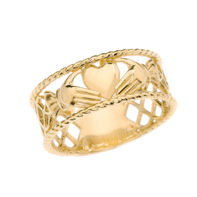 Pre-owned Claddagh Gold Fine 14k Yellow Gold Claddagh Heart Hands Celtic Knot Open Ring