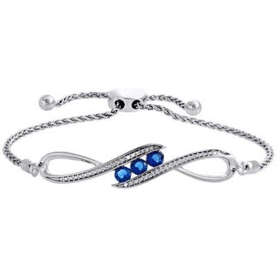 Pre-owned Jfl Diamonds & Timepieces Diamond & Lab-created Sapphire 3 Stone Bypass Bolo Bracelet Sterling Silver 8" In White ; Blue