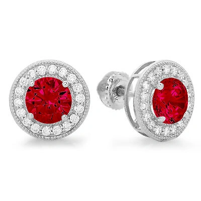 Pre-owned Pucci 3.6 Round Cut Halo Classic Designer Stud Real Red Garnet Earrings 14k White Gold