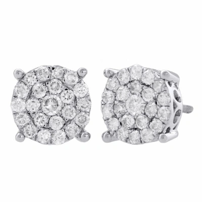 Pre-owned Jfl Diamonds & Timepieces 10k White Gold Genuine Diamond Flower Studs 9.15mm Cluster Circle Earrings 1 Ct.