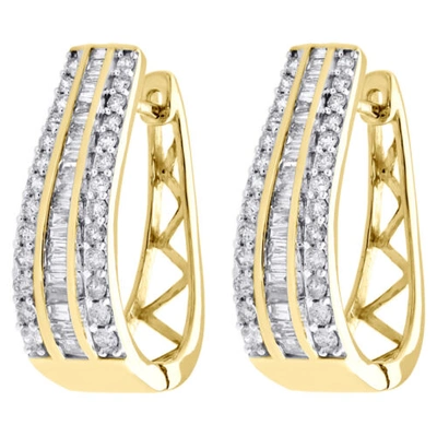 Pre-owned Jfl Diamonds & Timepieces 10k Yellow Gold Baguette Diamond Huggie Ladies Oval Hoop Earrings 1.00" 1.50 Ct. In White