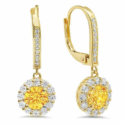 Pre-owned Pucci 3.55 Round Cut Halo Classic Drop Dangle Real Citrine Earrings 14k Yellow Gold