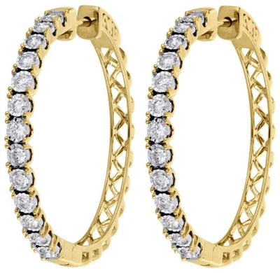 Pre-owned Jfl Diamonds & Timepieces 10k Yellow Gold Diamond One Row Bezel Set 1.55" Hoops Huggie Earrings 1.50 Ct. In White