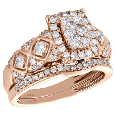 Pre-owned Jfl Diamonds & Timepieces 14k Rose Gold Diamond Rectangle Engagement Ring + Wedding Band Bridal Set 1 Ct. In White