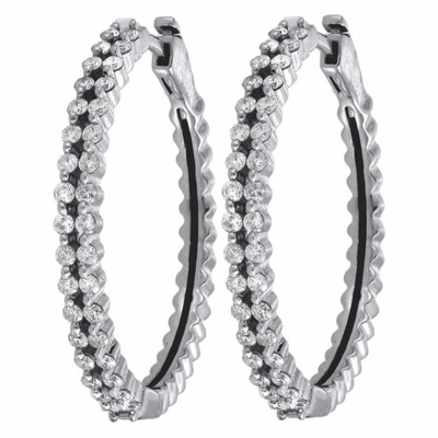 Pre-owned Jfl Diamonds & Timepieces Diamond Hoop Earrings Ladies 10k White Gold 2 Row Round Cut Prong Set 1 Ctw.