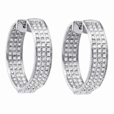 Pre-owned Jfl Diamonds & Timepieces Diamond In & Out Hoop Earrings Ladies 10k White Gold Round Pave Fashion 0.34 Tcw