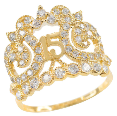 Pre-owned Claddagh Gold 14k Filigree Yellow Gold Quinceaã±era Filigrana 15 Aã±os Conora Cz Crown Ring