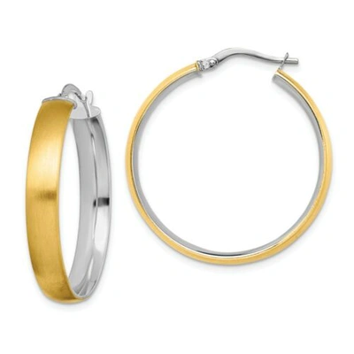 Pre-owned Accessories & Jewelry Italian 14k Two Tone Gold Medium 5mm X 31mm Satin & Polish Hinged Hoop Earrings In White
