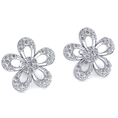 Pre-owned Jewelwesell Natural 0.9ctw Round Cut Diamond Ladies Flower Studs Earrings Solid 14k Gold