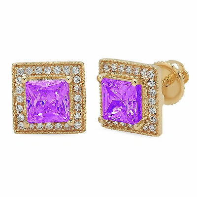 Pre-owned Pucci 2.3 Ct Princess Round Cut Halo Stud Natural Amethyst Earrings 14k Yellow Gold In D