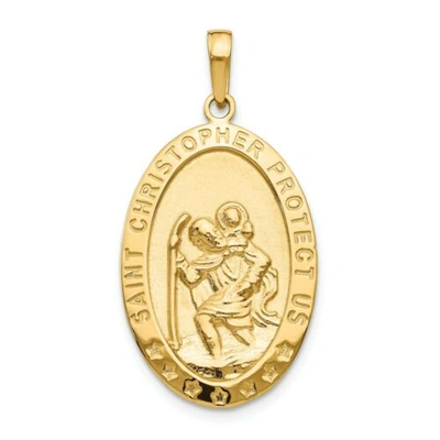 Pre-owned Pricerock 14k Yellow Gold Satin & Polished Saint Christopher Protect Us Oval Medal Pendant