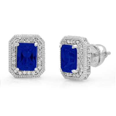 Pre-owned Pucci 3.98 Emerald Round Halo Stud Simulated Blue Sapphire Earrings 14k White Gold