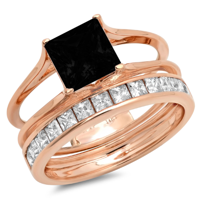 Pre-owned Pucci 3.4 Princess Real Onyx Wedding Stunning Ring Set Sliding 14k Rose Pink Gold