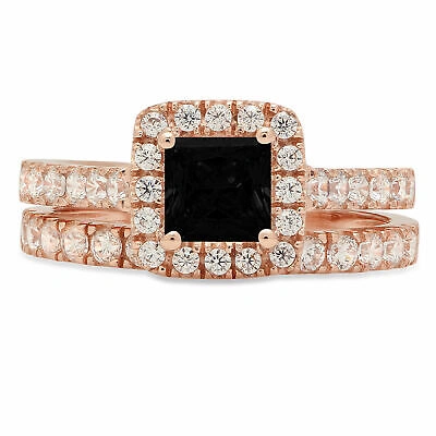 Pre-owned Pucci 1.60 Princess Halo Pave Natural Onyx Wedding Ring Set Solid 14k Rose Pink Gold