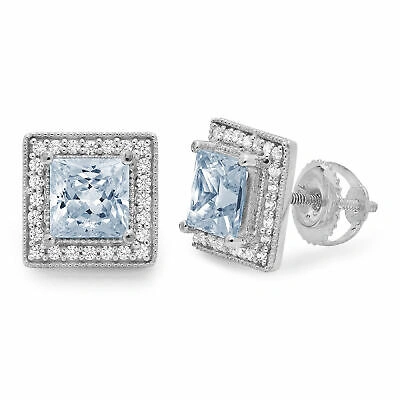 Pre-owned Pucci 2.3 Princess Round Cut Halo Classic Stud Real Aquamarine Earrings 14k White Gold In D