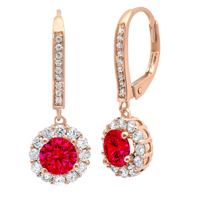 Pre-owned Pucci 3.5ct Round Halo Classic Drop Dangle Simulated Ruby Earrings 14k Rose Pink Gold In Red