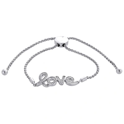 Pre-owned Jfl Diamonds & Timepieces Real Diamond Love Statement Bolo Bracelet Sterling Silver 11" Wheat Chain 1/4 Ct In White