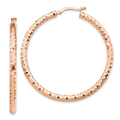 Pre-owned Accessories & Jewelry Italian 14k Rose Gold 3mm X 35mm Diamond Cut Textured Medium Hoop Earrings