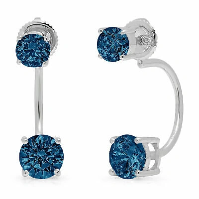 Pre-owned Pucci 3.2 Dual Drop 2 Stone Round Cut Classic Royal Blue Topaz Earrings 14k White Gold
