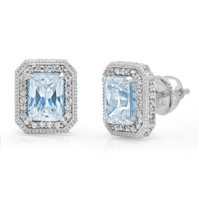 Pre-owned Pucci 3.98 Ct Emerald Round Halo Classic Stud Sky Blue Topaz Earrings 14k White Gold In D