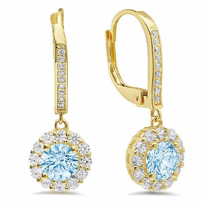 Pre-owned Pucci 3.5 Ct Round Halo Classic Drop Dangle Sky Blue Topaz Earrings 14k Yellow Gold