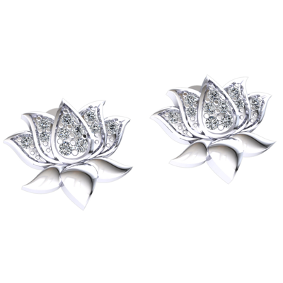 Pre-owned Jewelwesell Genuine 0.15ctw Round Cut Diamond Ladies Flower Lotus Earrings Solid 18k Gold