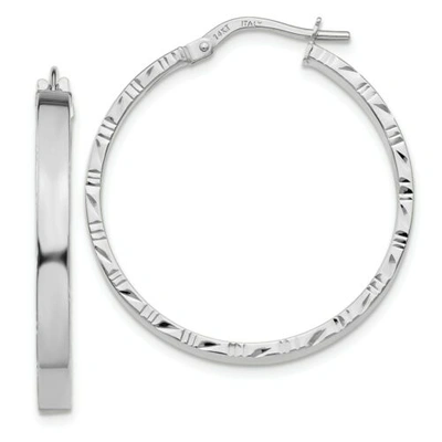 Pre-owned Versil Italian 14k White Gold High Polished 3mm X 31mm Diamond Cut Edge Hoop Earrings