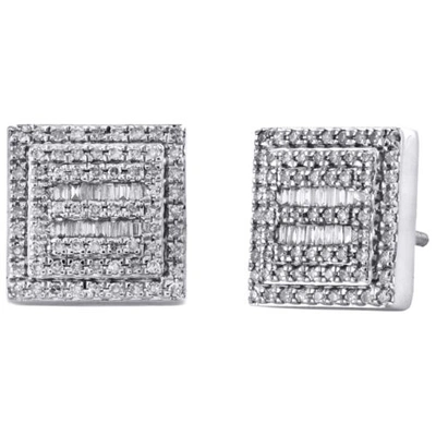 Pre-owned Jfl Diamonds & Timepieces 10k White Gold Round & Baguette Diamond Square Frame Earrings 11mm Stud 0.62 Ct.