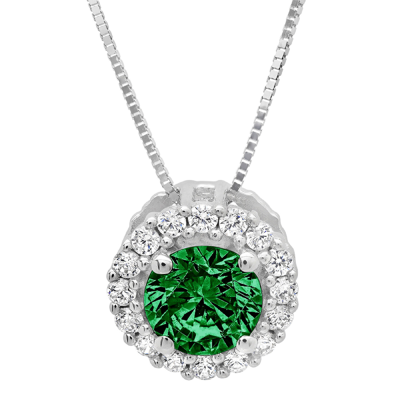 Pre-owned Pucci 1.30 Round Halo Simulated Emerald Pendant Necklace 18" Chain 14k White Gold In D