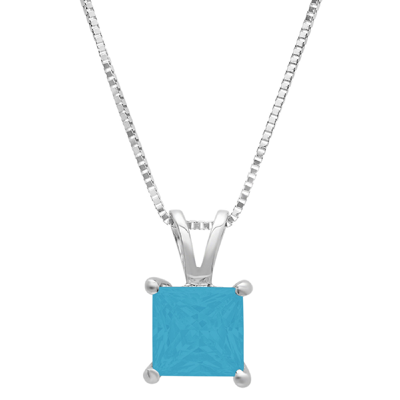 Pre-owned Pucci 2.0 Princess Cut Simulated Turquoise Pendant Necklace 18" Chain 14k White Gold In D